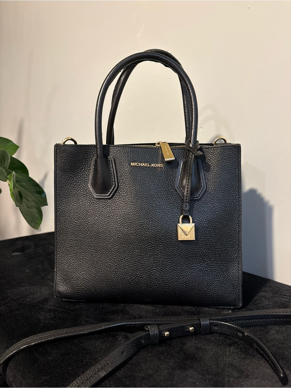 Michael Kors Black Pebbled Leather Satchel with Gold Hardware